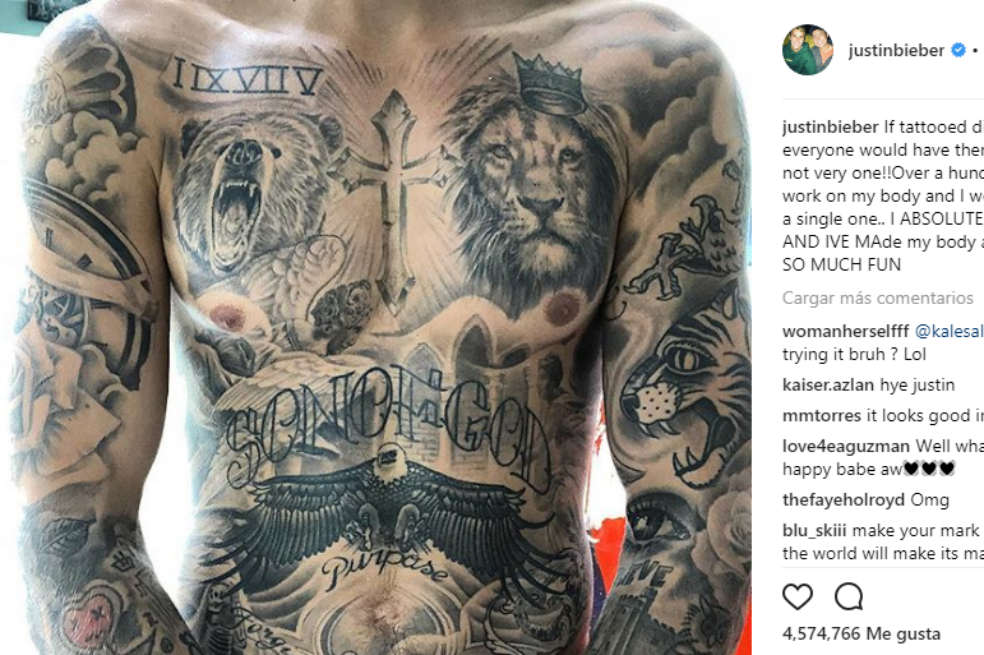 Justin Bieber exhibe sus tatuajes en Instagram