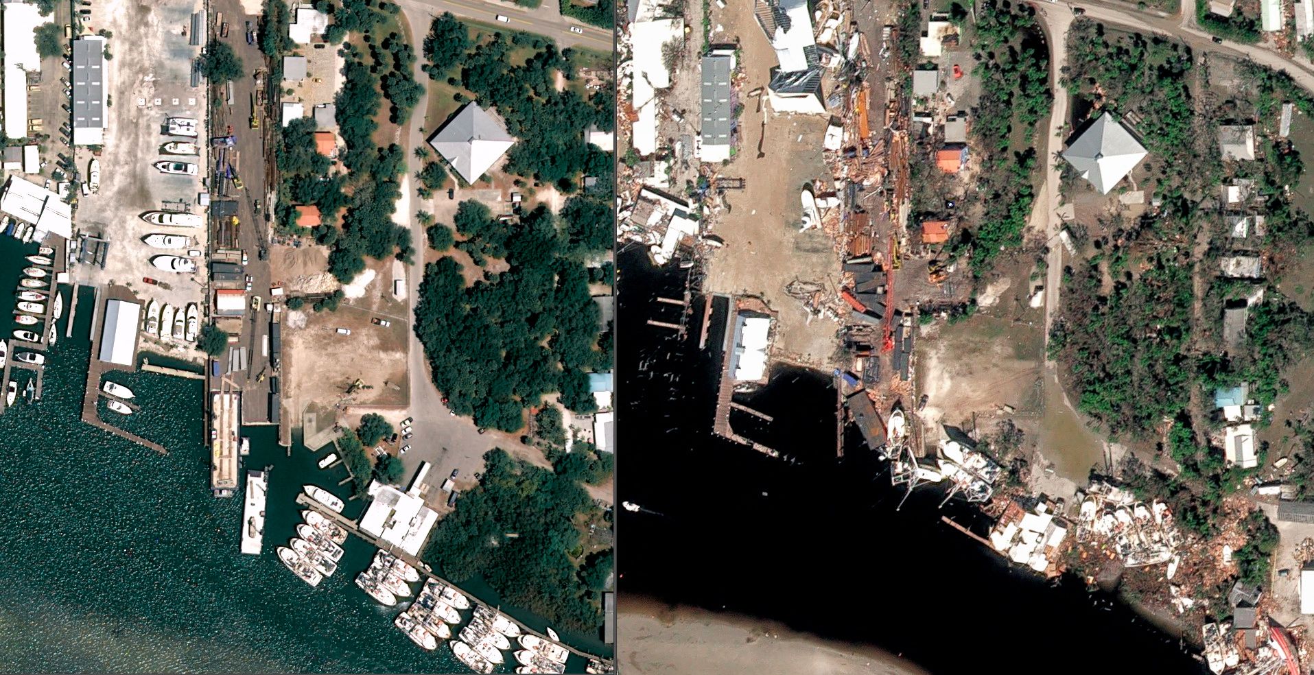 Fort Myers Beach, Florida, antes y después del paso del huracán Ian.