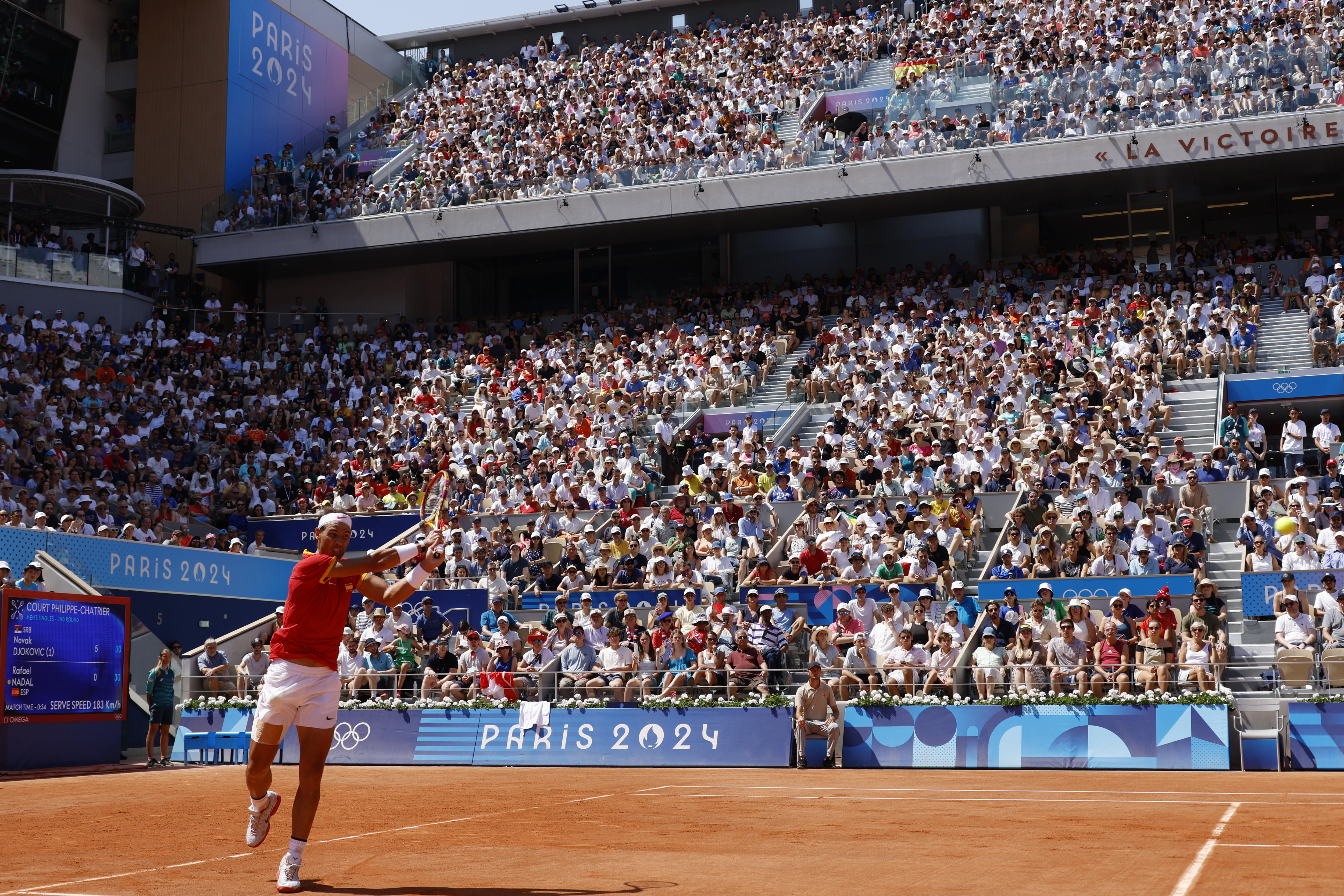 Paris (France), 29/07/2024.- Rafael Nadal of Spain in action during the Men's Singles second round match against Novak Djokovic of Serbia at the Tennis competitions in the Paris 2024 Olympic Games, at the Roland Garros in Paris, France, 29 July 2024. (Tenis, Francia, España) EFE/EPA/FRANCK ROBICHON