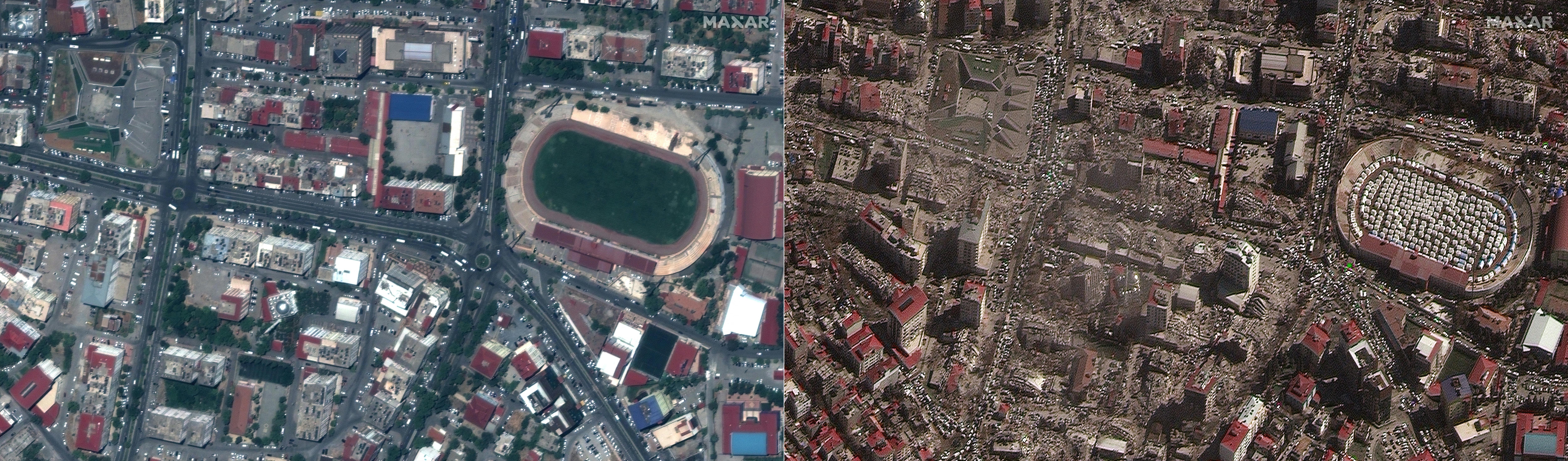 A la izquierda, una imagen de satélite proporcionada por cortesía de Maxar Technologies que muestra edificios y un estadio en Kahramanmaras, Turquía, el 26 de julio de 2022. A la derecha, la imagen de satélite proporcionada por Maxar Technologies que muestra edificios destruidos y refugios de emergencia en un estadio en Kahramanmaras, Turquía, el 8 de febrero de 2023, después del terremoto.