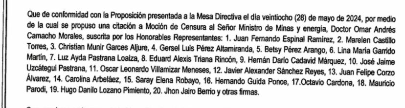 Moción de censura contra Minminas, Andrés Camacho.