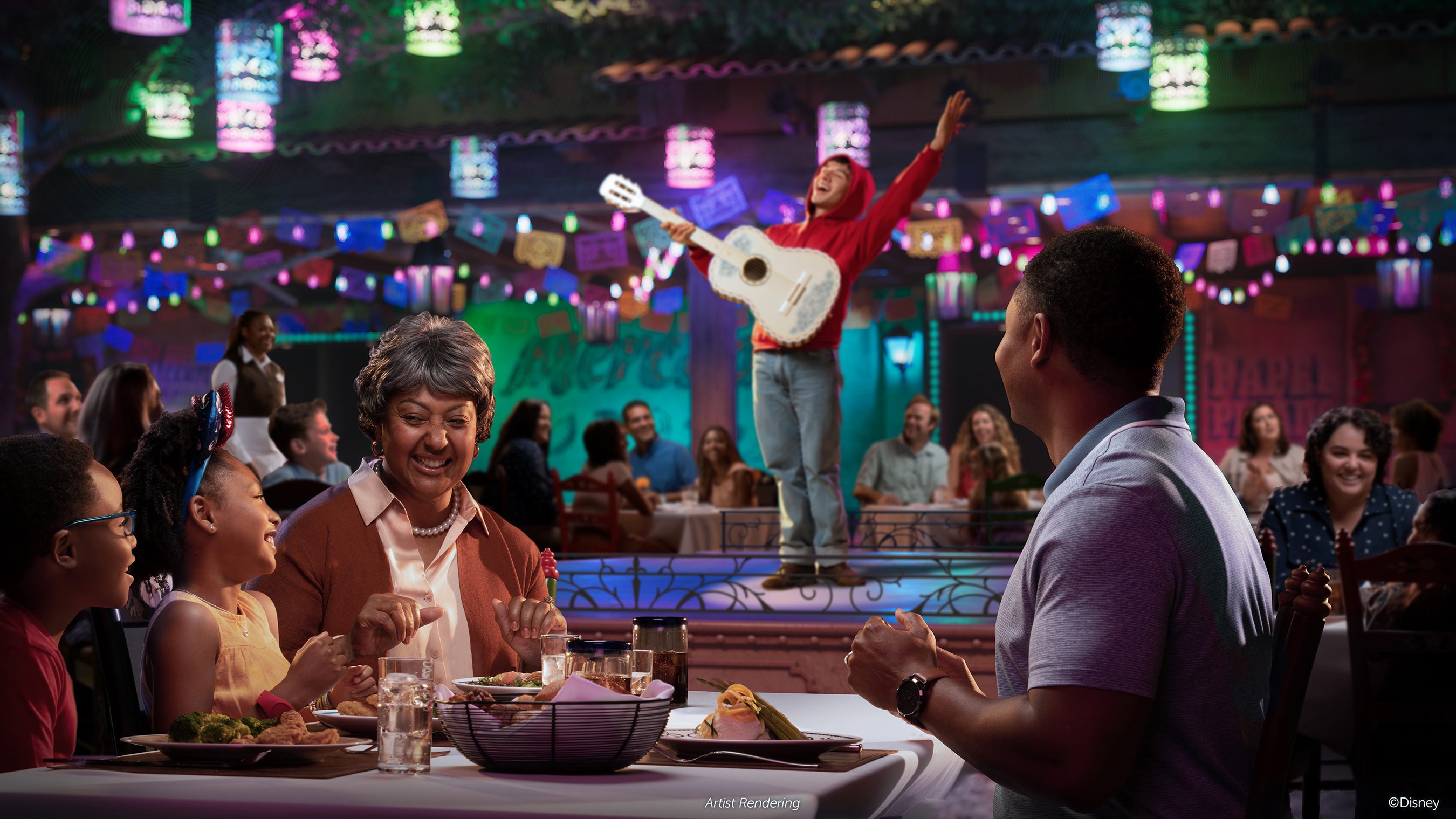 El Disney Treasure, de 341 metros de largo y 67,4 metros de altura, incluirá la "Plaza de Coco", la primera experiencia gastronómica oficial en esta línea de cruceros basada en la película de 2017 producida por Disney y Pixar, "Coco".