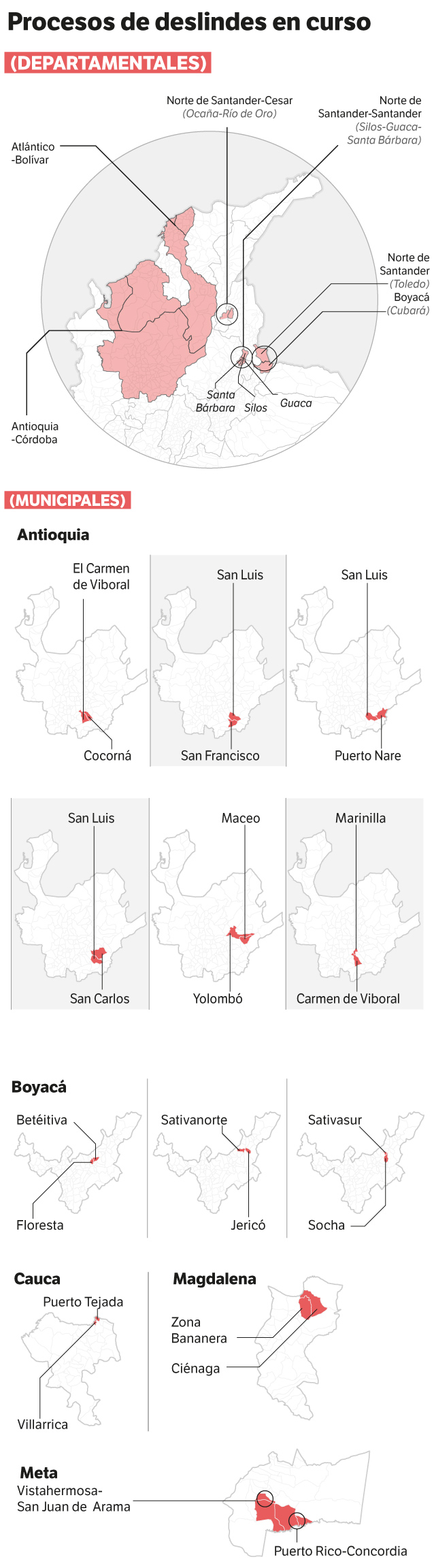 Infografía con los municipios y departamentos de Colombia con conflictos por límites.