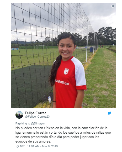 Algunos usuarios condenaron la imagen compartida, en la que figuran deportistas de un equipo sin orígen ni bandera. Extrañaron que no fuera una foto del Atlético Huila, reciente campeón de la Copa Libertadores, o una imagenprotagonizada por las colombianas que ayer dieron una rueda de prensa en la que denunciaron irregularidadesy rechazaron el final del torneo profesional femenino.