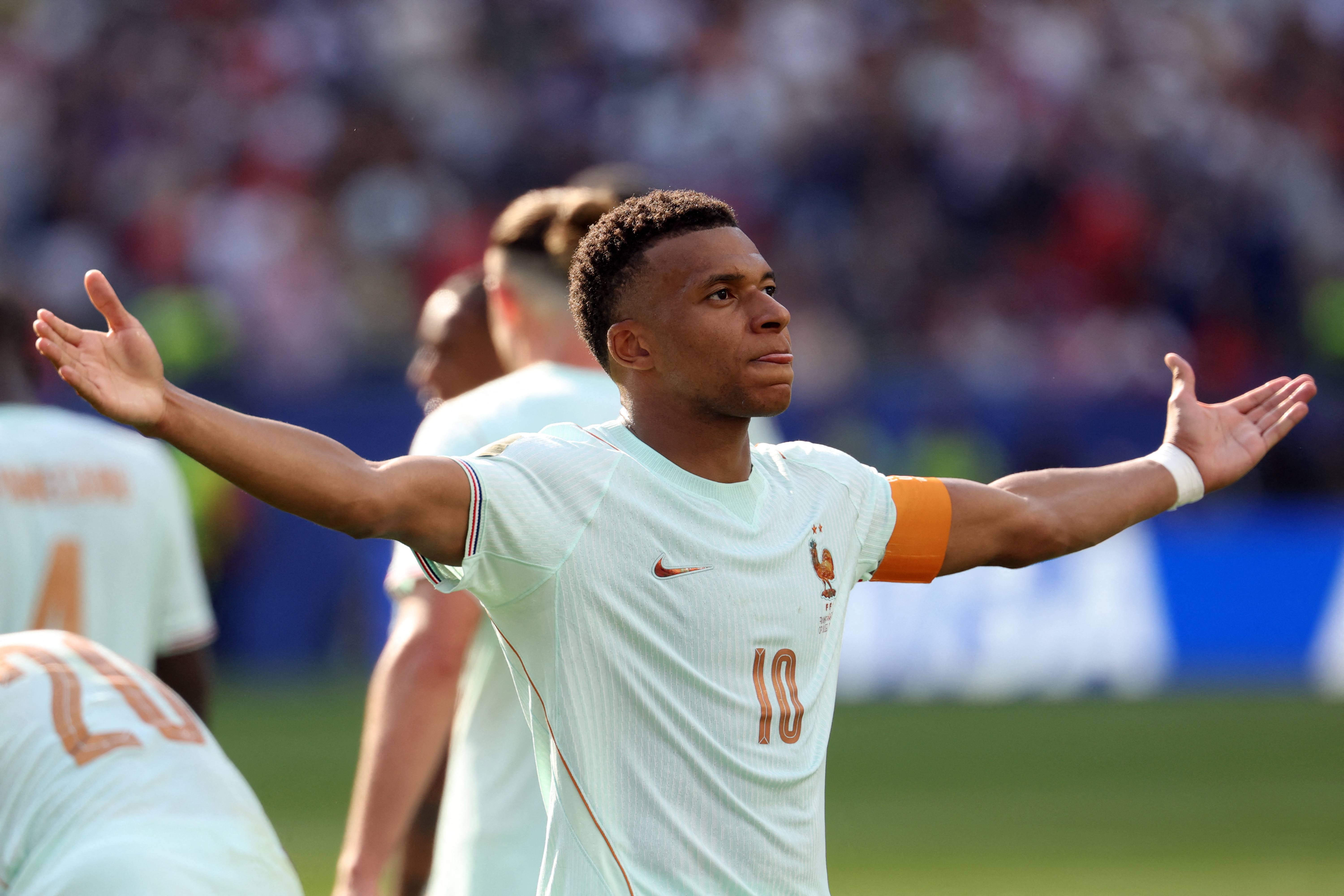 France's forward #10 Kylian Mbappe celebrates scoring his team's first goal during the 2026 World Cup football tournament quarter-final match between France and Morocco at Boston Stadium in Foxborough on July 9, 2026.  (Photo by Odd ANDERSEN / AFP)