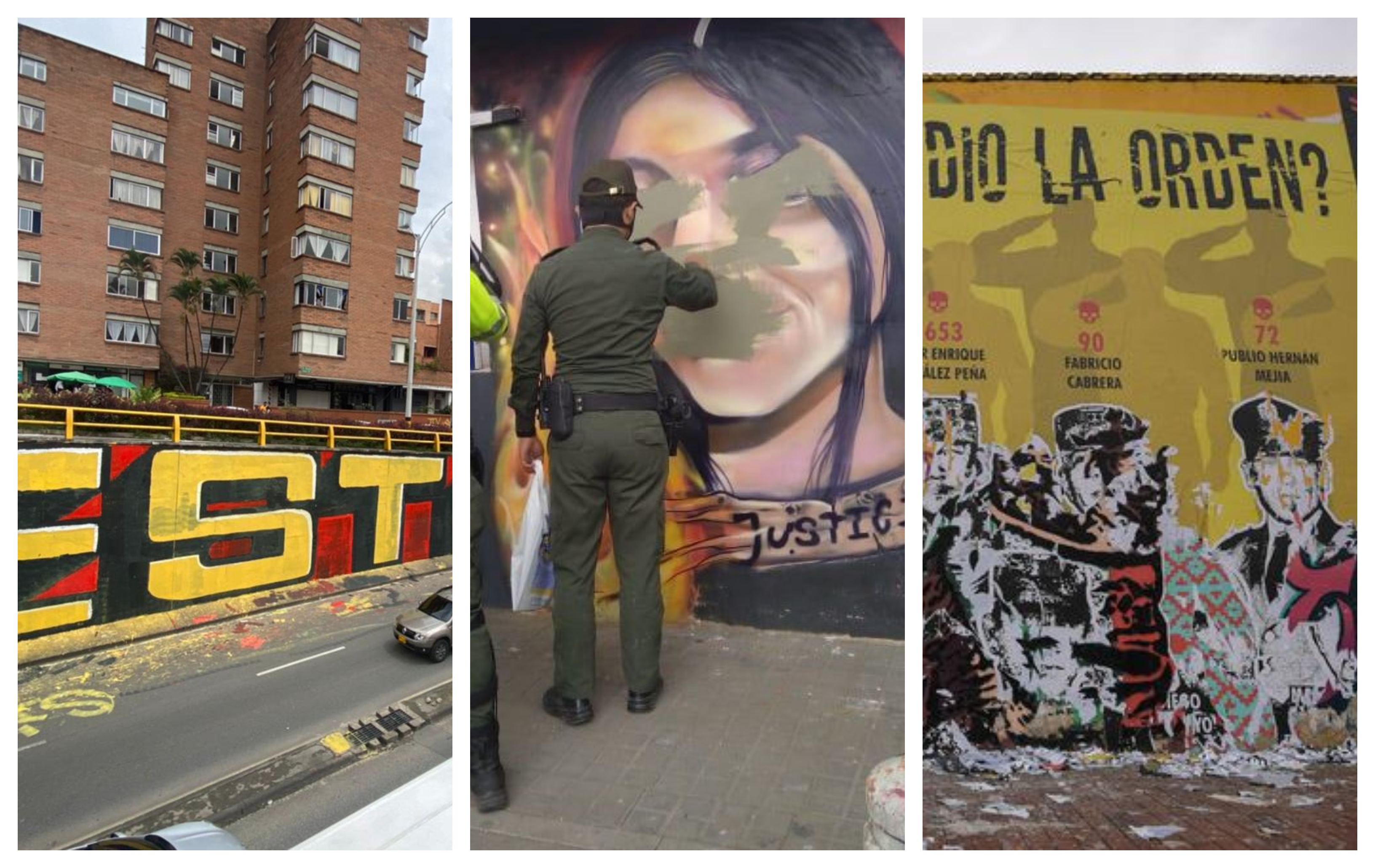 Mural Estado Asesino en Medellín, Centro Cultural Julieth Ramírez en La Gaitana (Bogotá) y mural ¿Quién dio la orden? cerca de la Escuela Militar de Cadetes.