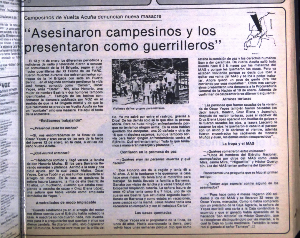 Reporte del periódico Voz sobre la masacre en Vuelta Acuña, en enero de 1984.