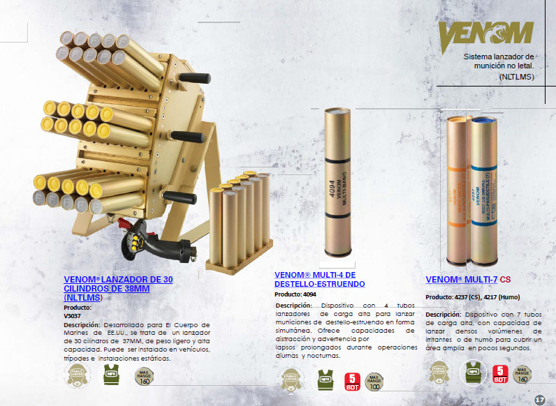 Venom, un lanzador múltiple de proyectiles electrónicos, usado por el ESMAD. Foto totada del catálogo de la compañía CSI Combined System