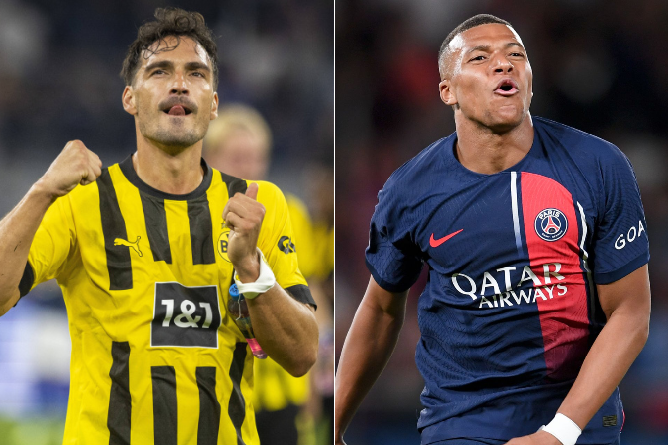 Mats Hummels (izq.) del Borussia Dortmund y Kylian Mbappé del PSG.