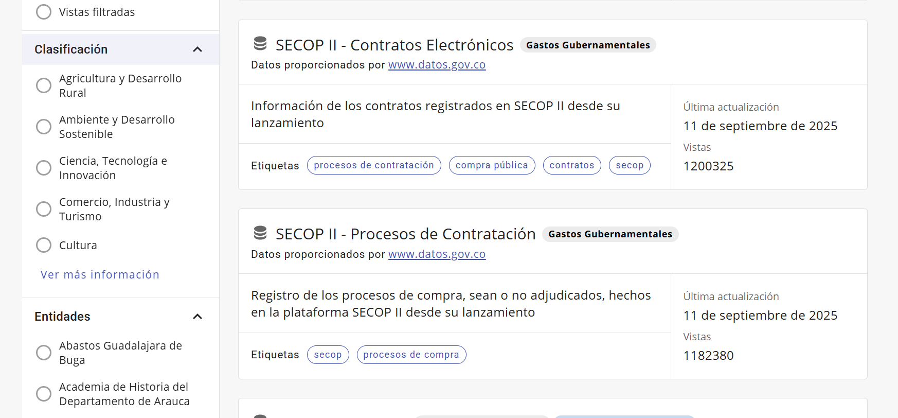 Búsqueda de las bases de datos de SECOP en el portal datos.gov.co