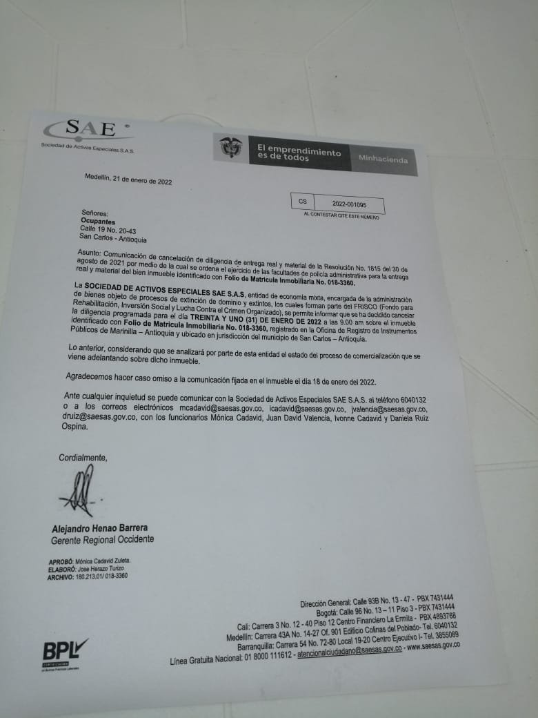 La SAE había anunciado que el desalojo sobre la Casa de la Memoria en San Carlos, Antioquia, se realizaría el próximo 31 de enero.