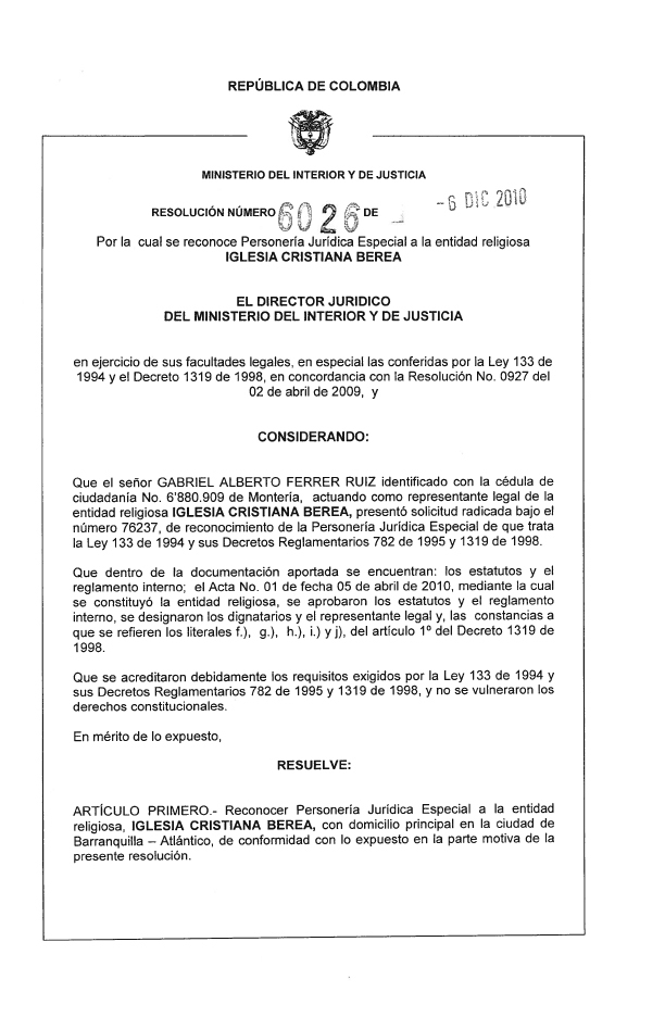 Esta es la resolución del Ministerio del Interior que reconoció como entidad religiosa a la Iglesia Cristiana Berea.