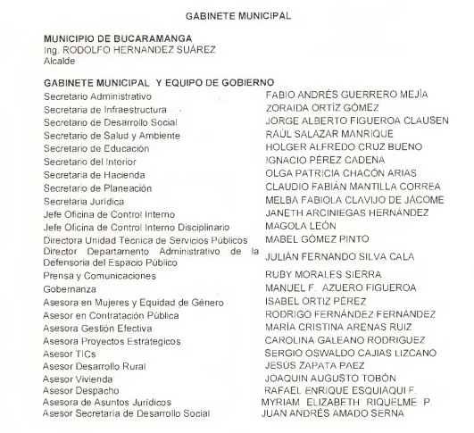 Nombres de los secretarios y otros funcionarios de la Alcaldía de Bucaramanga de Rodolfo Hernández.