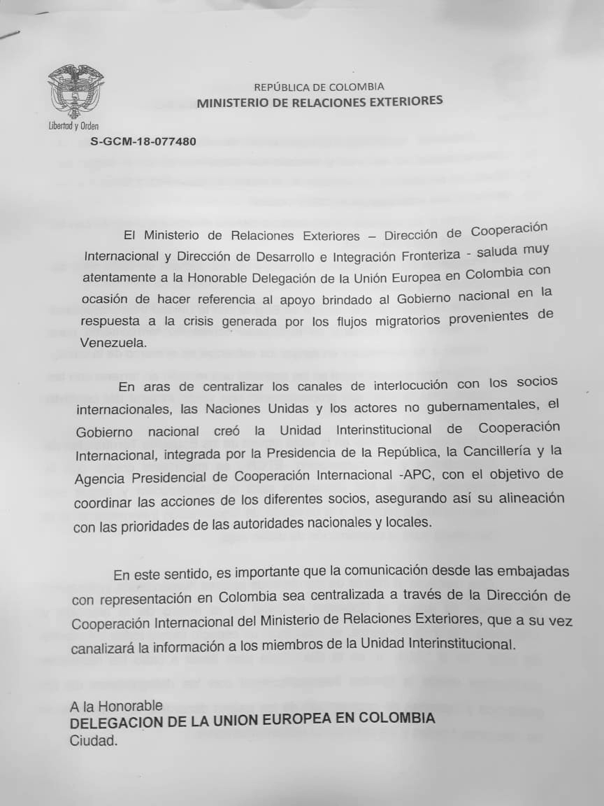 La Cancillería asegura que es un tema meramente logístico que se ha usado anteriormente.Cortesía CancilleríaRequisitos similares, u "orientaciones", dice la Cancillería, son utilizadas para otras visitas de cuerpos diplomáticos en otros lugares del país.Cortesía Cancillería“Las embajadas y agencias acreditadas en Colombia han cumplido con las orientaciones, no condiciones, ofrecidas por el Gobierno Nacional, en el marco de la relación entre misiones diplomáticas y el país en el que hacen presencia”, concluye la viceministra. El Espectador consultó sobre este asunto ala Consejería para la Estabilización yla Agencia para la Reincorporación y la Normalización (ARN), entidades gubernamentales que tienen que ver con la implementación del Acuerdo de Paz. Los voceros de comunicaciones de ambas entidades señalaron, vía telefónica,que tanto la Consejería como la Agencia adherían a las respuestas entregadas por la Cancillería.