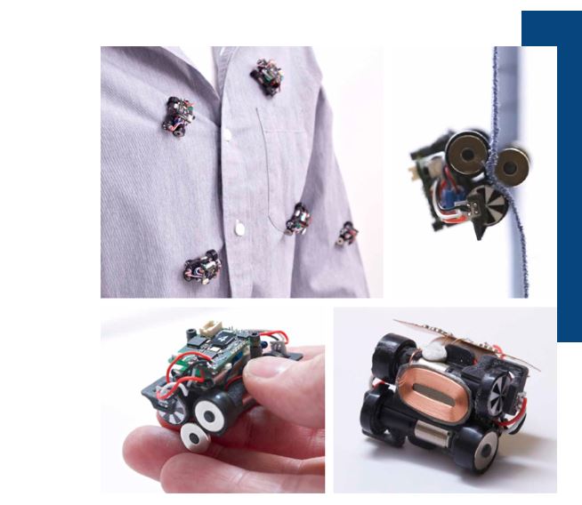 Los Rovables, un enjambre de robots en miniatura diseñados para desplazarse y navegar por la ropa. Un rodillo magnético en el interior de la tela fija los robots a la superficie de la ropa y pueden recargarse solos cuando están cerca de una bobina de inducción integrada en la prenda de vestir.
