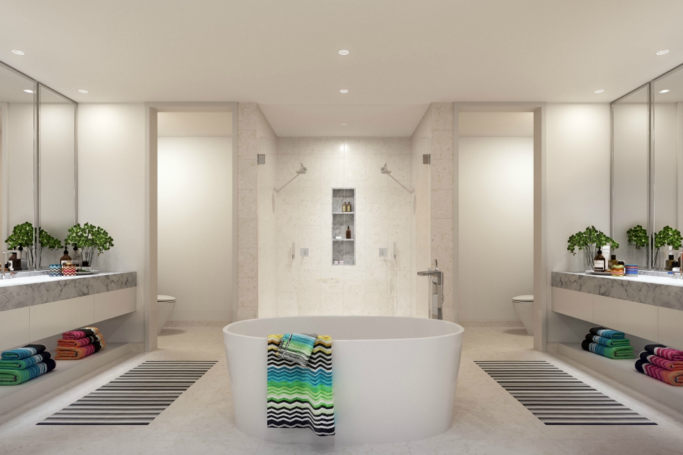 Una tranquila y relajante paleta de mosaicos y azulejos de dolomita, encimeras de mármol de Hielo Calacatta, sanitarios para él y para ella y accesorios en cromo pulido adornan el baño principal.CortesíaEntre las comodidades, se incluye una cubierta sobre el agua diseñada específicamente para tomar el sol todo el día, sin sufrir las consecuencias de la exposición. También con cabañas con todo equipado. Cinco piscinas diferentes, incluyendo una olímpica; piscinas de inmersión caliente y fría, una piscina para niños y una piscina infinita con vista a la bahía. Para los amantes del deporte, además de la posibilidad de correr por la bahía, también hay canchas de tenis elevadas y un amplio centro de fitness, y unos de los spa más elegantes y más grandes de la ciudad con vista al mar.