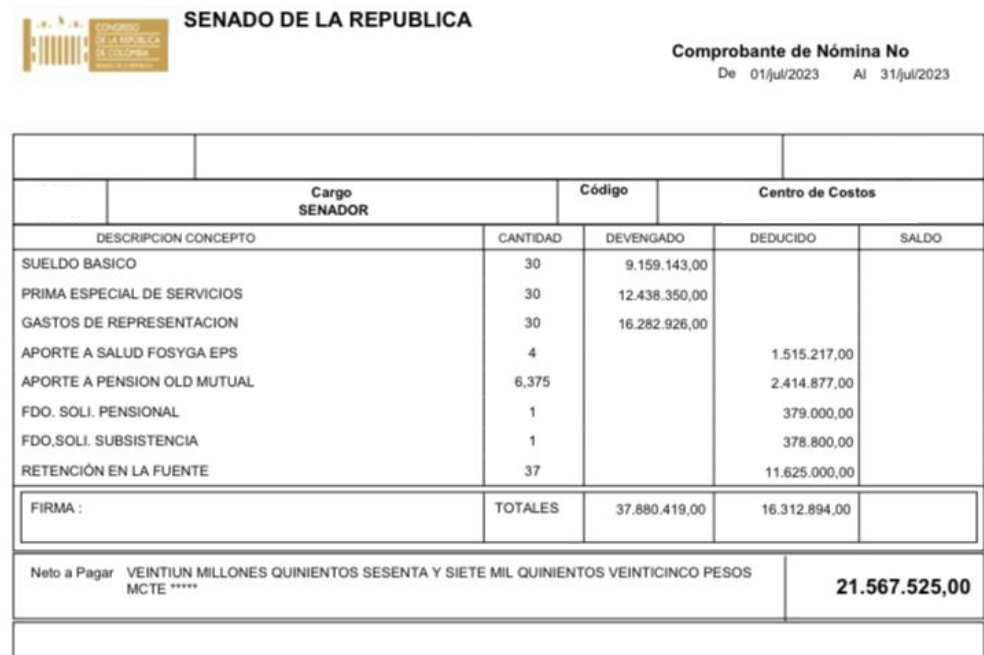 Comprobante de nómina de un senador de julio de 2023.