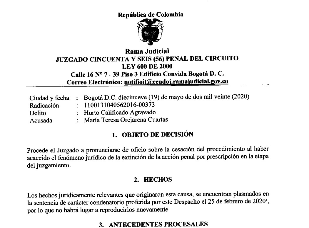 La sentencia que María Teresa Orejarena quería borrar de la web.