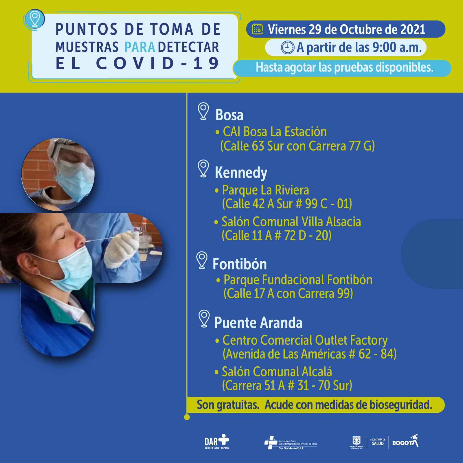 ¿Dónde hay pruebas gratuitas contra Covid-19 este viernes en Bogotá?