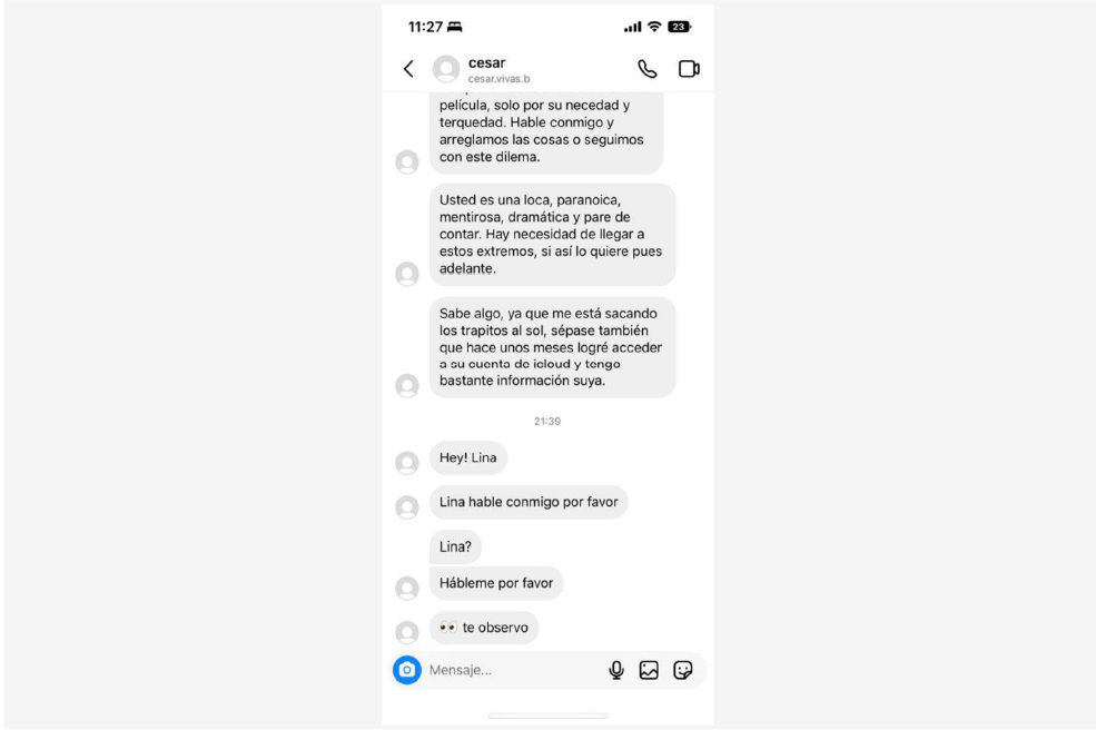 Mensaje enviado por Cesar Vivas a Lina Rezk por redes sociales.