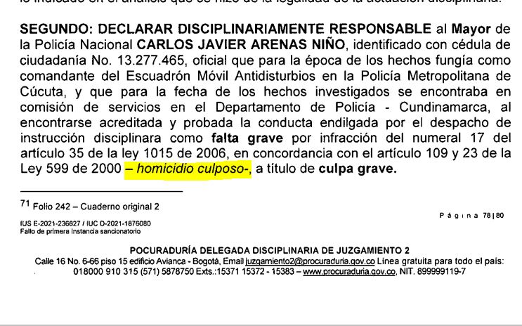 Parte de la decisión donde la Procuraduría reconoce homicidio, pero en la modalidad culposa.