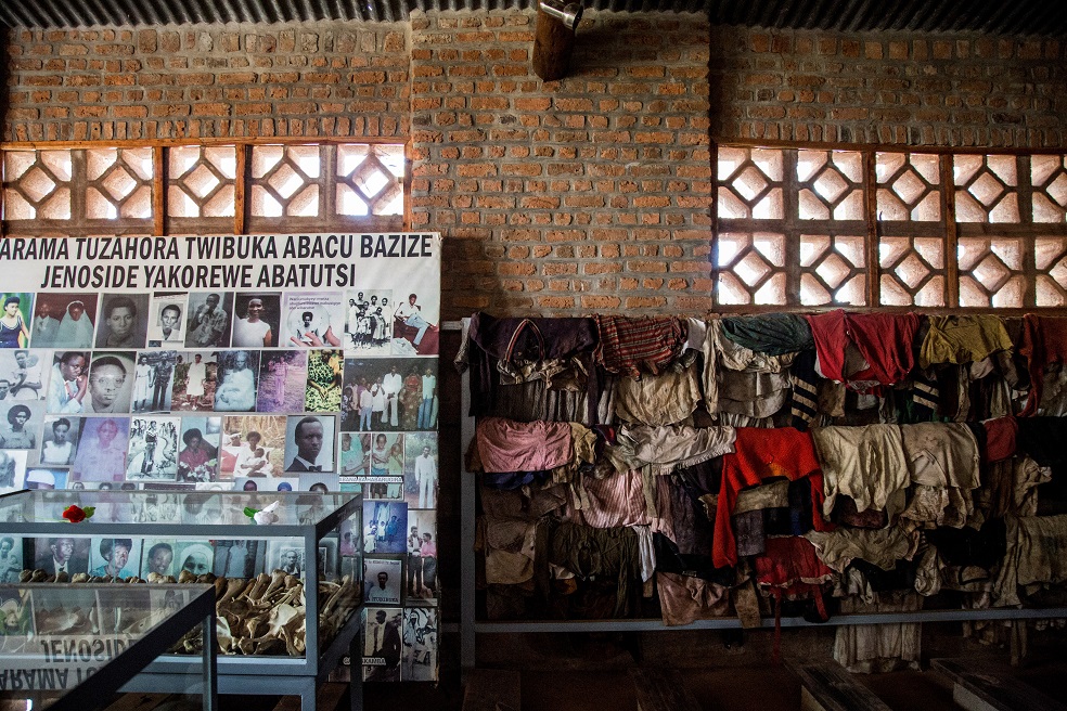 A picture taken on March 22, 2019 shows pictures, names, cloths and belongings of the victims of the Rwanda's 1994 genocide's at the Ntarama Genocide Memorial, in Kigali. - On April 7, 2019, Rwanda will commemorate the 25th anniversary of the 1994 genocide. (Photo by Jacques NKINZINGABO / AFP)