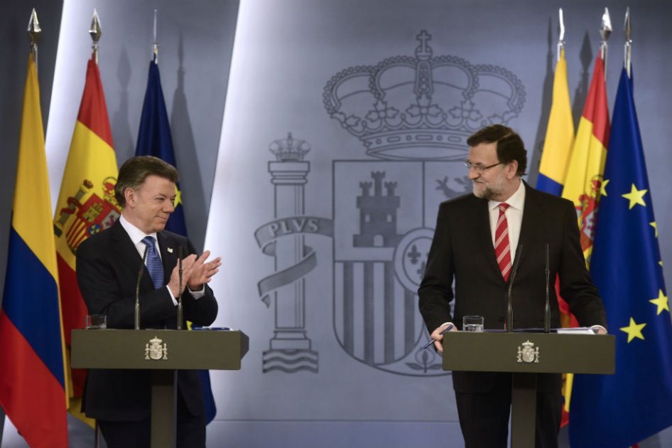 El presidente Juan Manuel Santos en compañía de Mariano Rajoy. / AFP