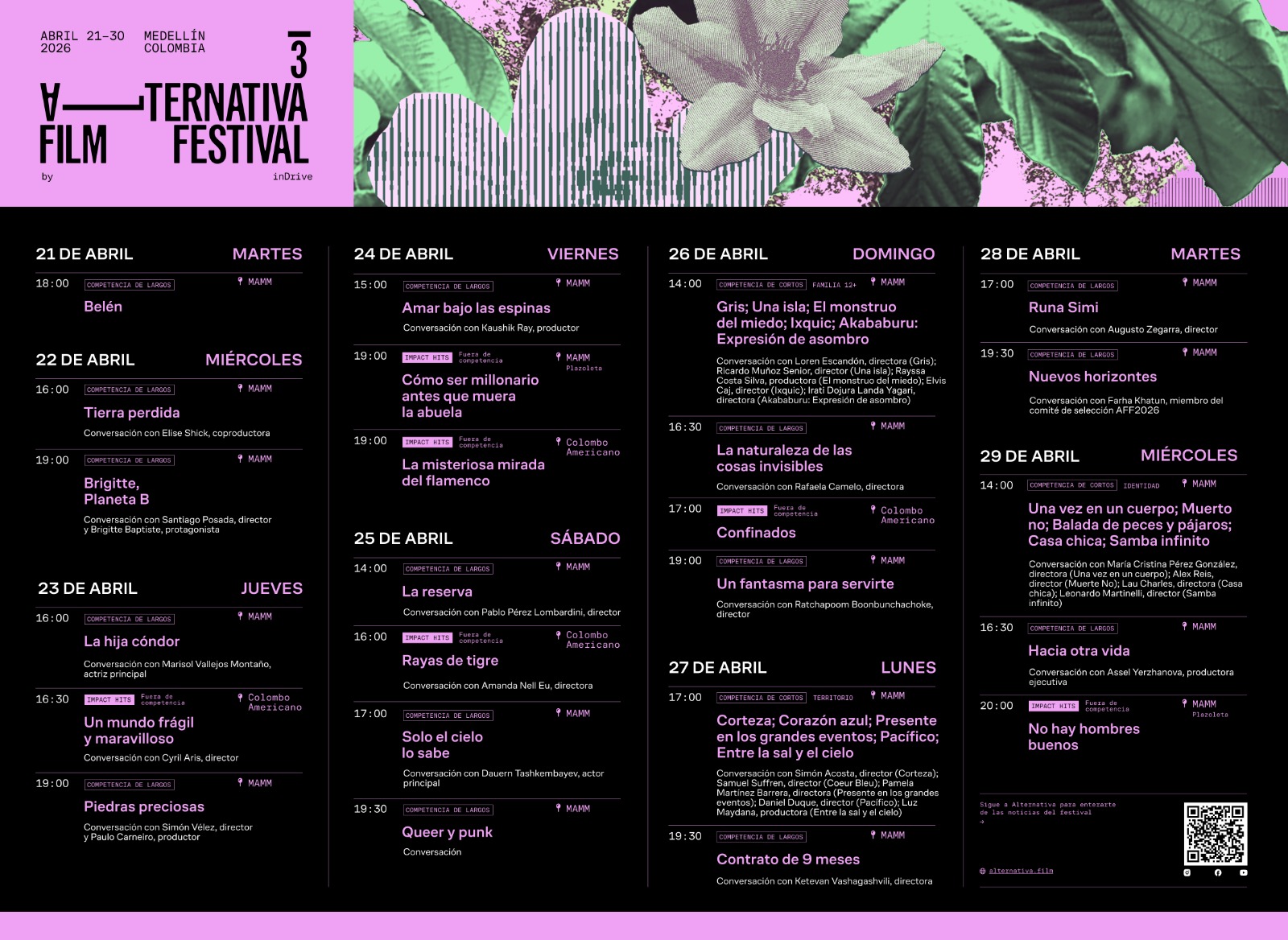 Programación oficial del Alternativa Film Festival 2026, del 21 al 30 de abril en el MAMM y el Centro Colombo Americano de Medellín.