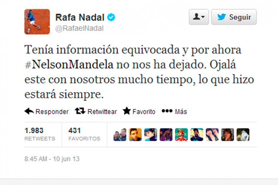 Rafael Nadal anuncia por error muerte de Nelson Mandela