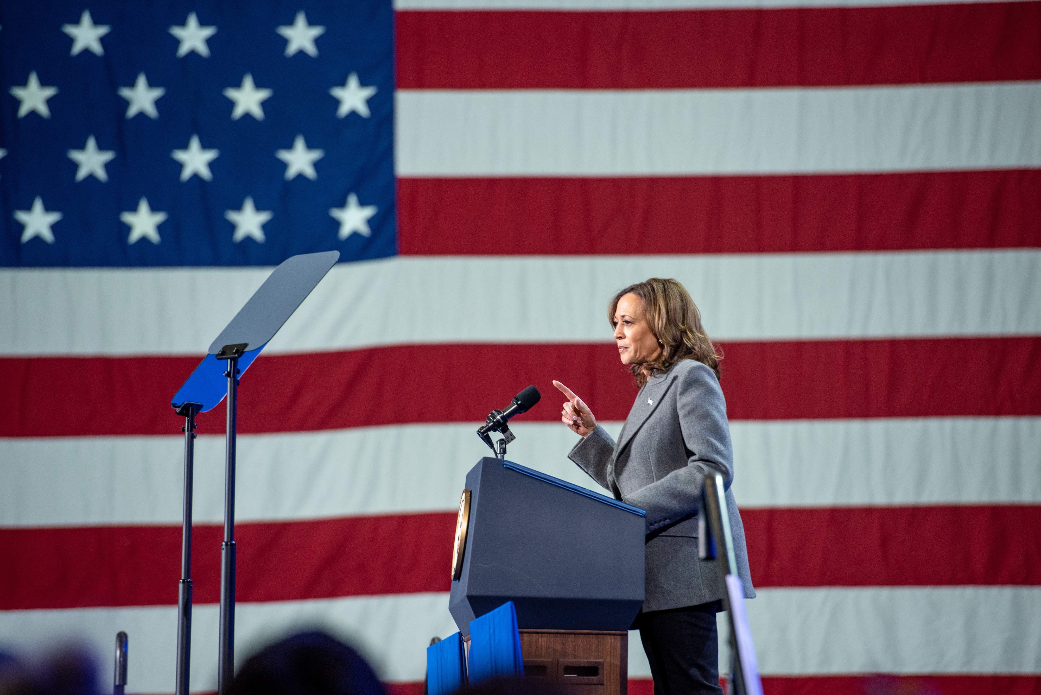 Atlanta (United States Of America), 19/10/2024.- United States Vice President Kamala Harris addresses a crowd during her presidential campaign, at Lakewood Amphitheater in Atlanta, Georgia, USA, 19 October 2024. Harris emphasized themes of voting early, unity, equity, and progress as she rallies support ahead of the upcoming election. Harris is running against former US president and Republican presidential nominee Donald Trump. (Estados Unidos) EFE/EPA/Andi Rice / POOL