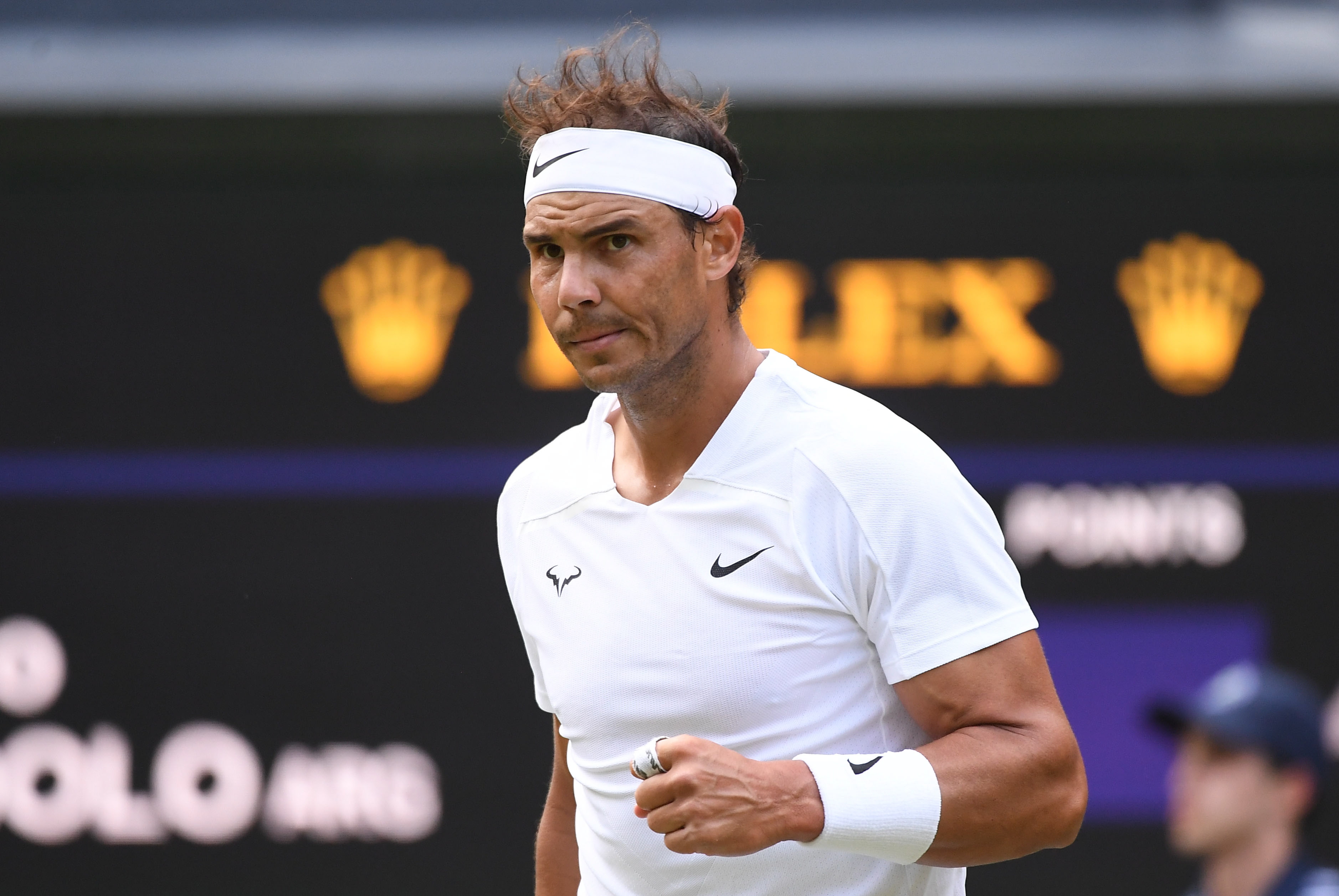 Wimbledon (United Kingdom), 28/06/2022.- Rafael Nadal of Spain celebrates a point in the men's first round match against Francisco Cerundolo of Argentina at the Wimbledon Championships, in Wimbledon, Britain, 28 June 2022. (Tenis, España, Reino Unido) EFE/EPA/ANDY RAIN EDITORIAL USE ONLY