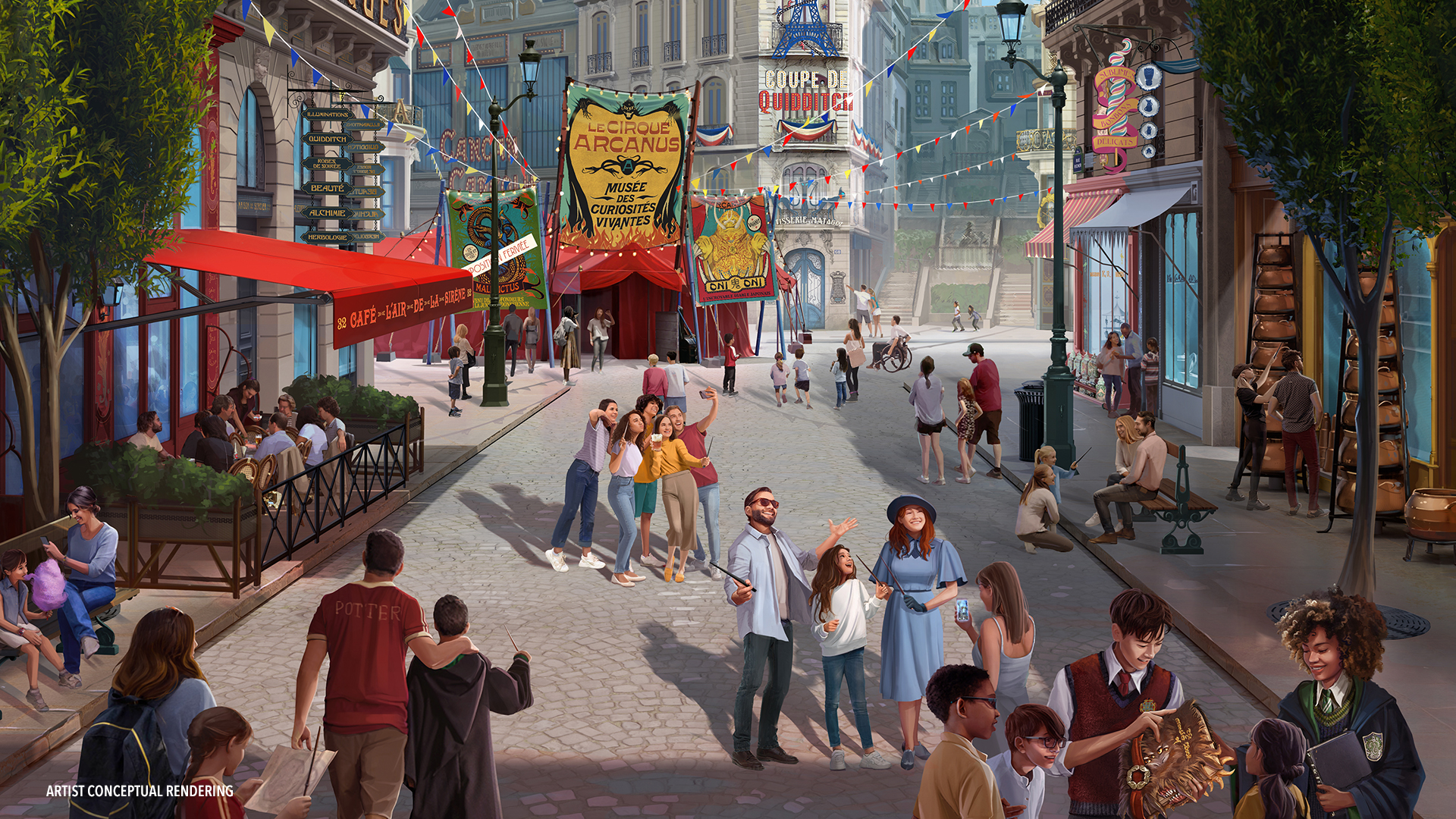 Aquí, tanto los magos como los no magos quedarán encantados con la majestuosa grandeza y el encantador ambiente de la ciudad mientras lanzan hechizos a través de las mágicas calles usando varitas interactivas, encuentran bestias fantásticas en un circo ambulante y, por primera vez en The Wizarding World de Harry Potter: viajan a través de países y en el tiempo hasta el Londres de los años 90 utilizando el Metro-Floo para vivir una emocionante aventura dentro del icónico Ministerio de Magia británico.