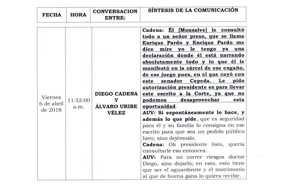 En esta conversación, Cadena le cuenta al senador que casi sus acercamientos con Monsalve han sido a través de su compañero de celda, Enrique Pardo Hasche.