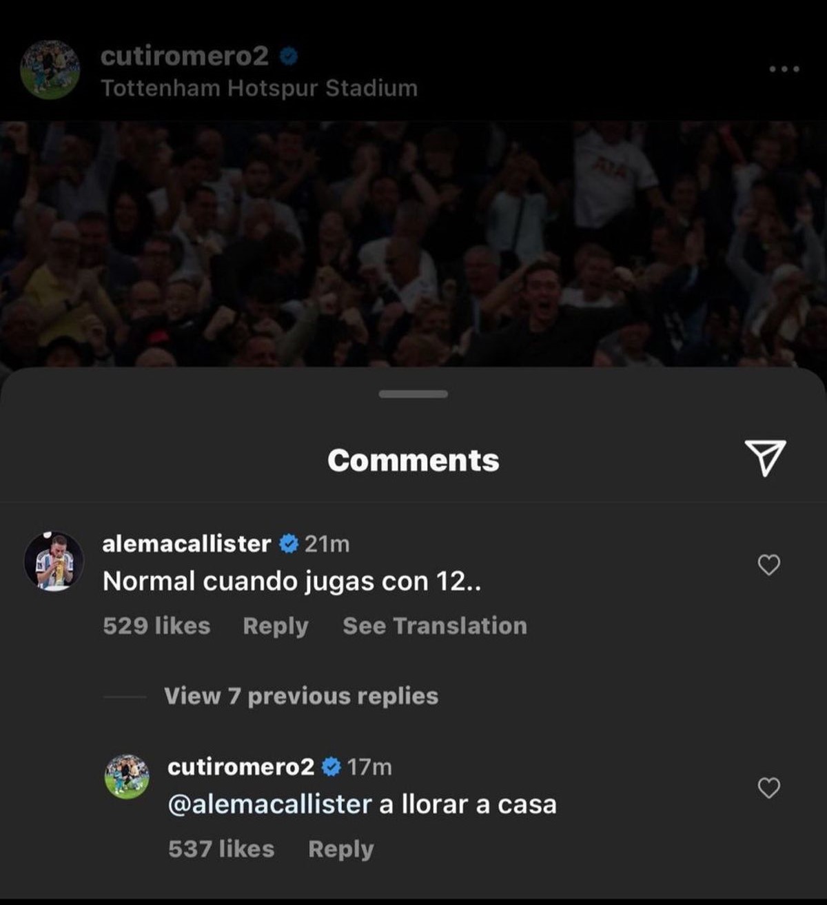 Captura de pantalla del comentario eliminado de Alexis Mac Allister en la publicación de Cristian Romero.