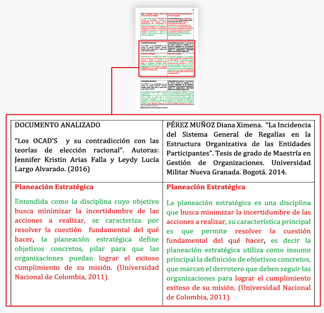 En verde, la parte parafraseada por Arias sin la cita correspondiente. En rojo, la transcripción literal de una obra protegida.