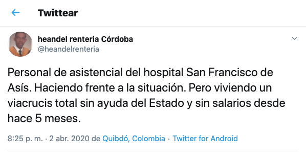 Médico chocoano que había denunciado atraso de pago murió por coronavirus
