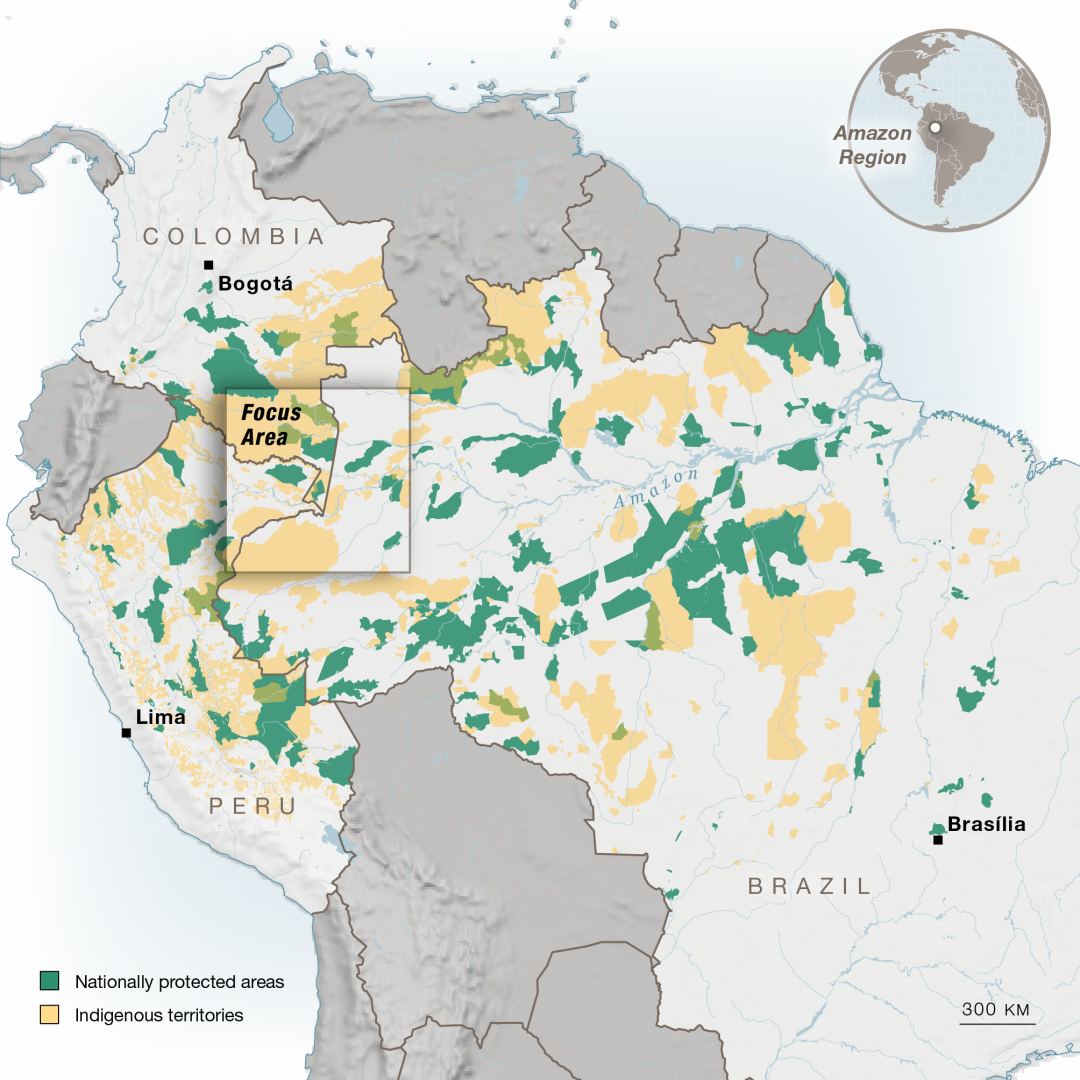 Concentración de la delincuencia en la triple frontera amazónica (Colombia, Perú y Brasil). Las áreas verdes son zonas protegidas y las amarillas, territorios indígenas.