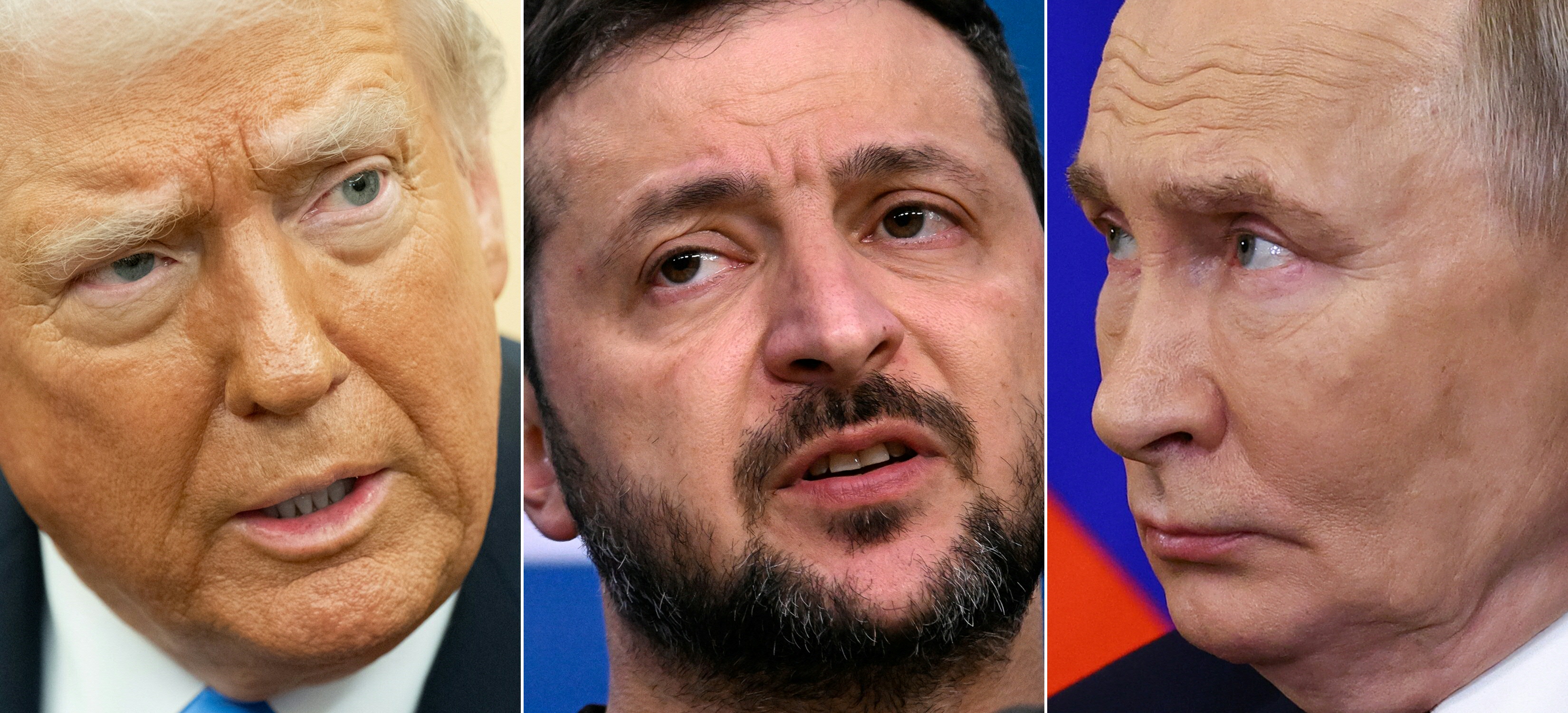 (COMBO) This combination of pictures created on February 12, 2025 shows (L-R) US President Donald Trump in Washington, DC, on February 11, 2025, Ukraine's President Volodymyr Zelensky in Brussels on December 19, 2024, and Russian President Vladimir Putin in Moscow on January 17, 2025.