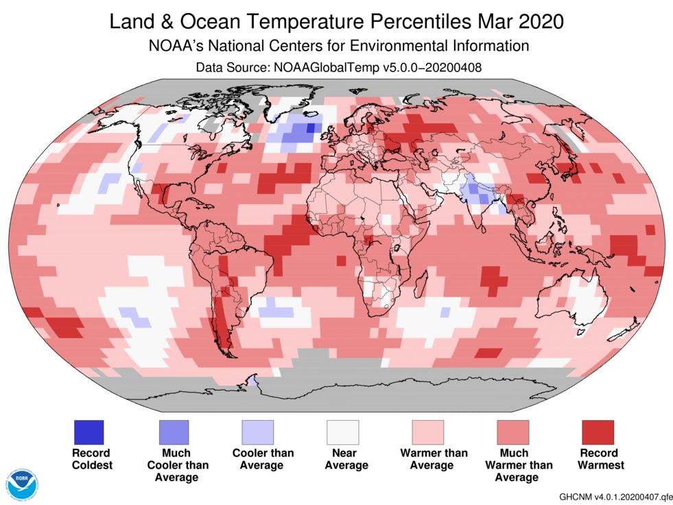 Anomalía de temperaturas en marzo de 2020Fuente: NOAALa temperatura promedio mundial de la superficie terrestre y oceánica en marzo fue de 1,16 gradospor encima del promedio del siglo XX y la segunda temperatura más alta de marzo registrada después de 2016.