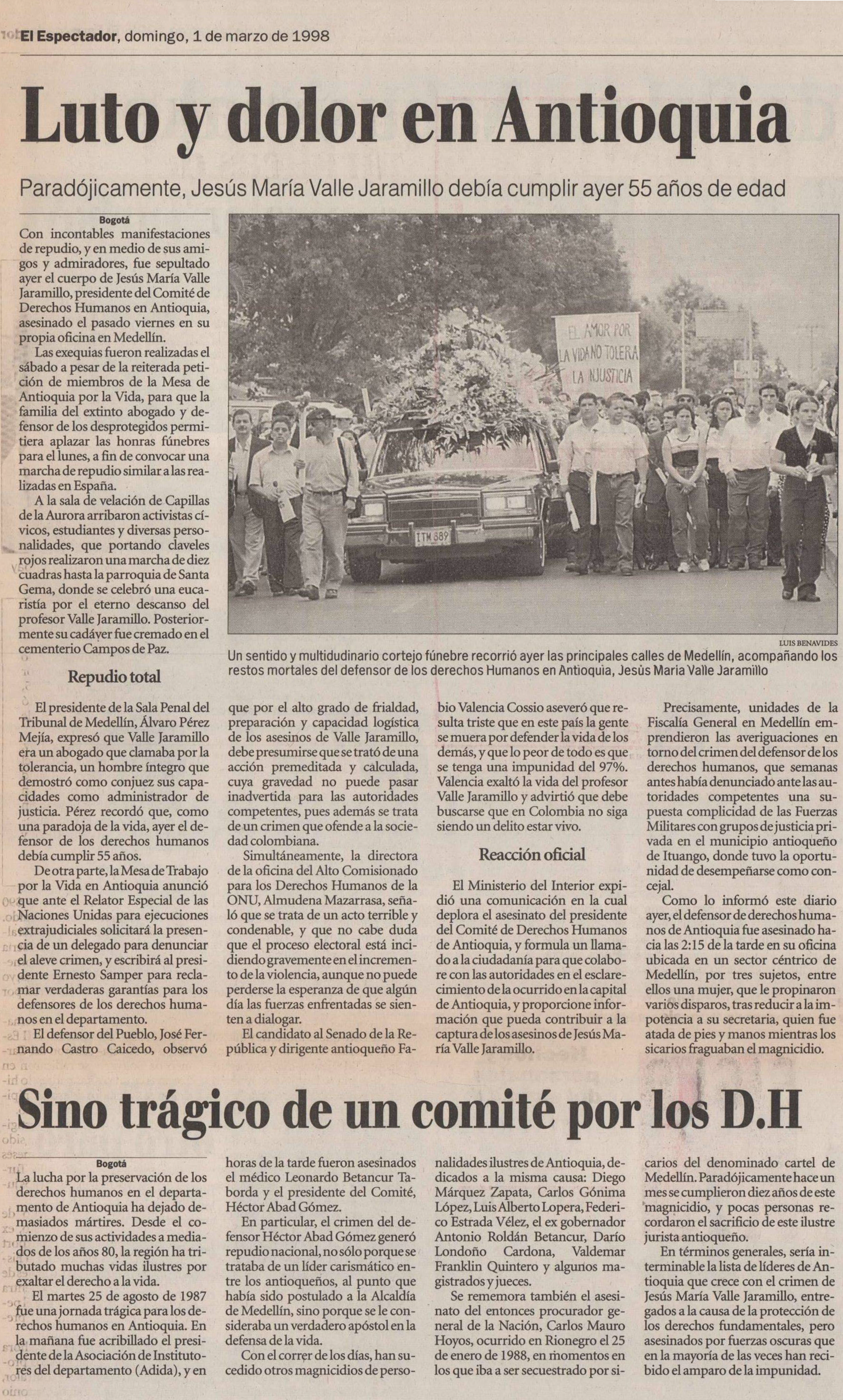 El 1 de marzo de 1998, El Espectador realizó el siguiente reporte sobre el caso de Valle Jaramillo y la violencia que se vivía contra las organizaciones de derechos humanos.