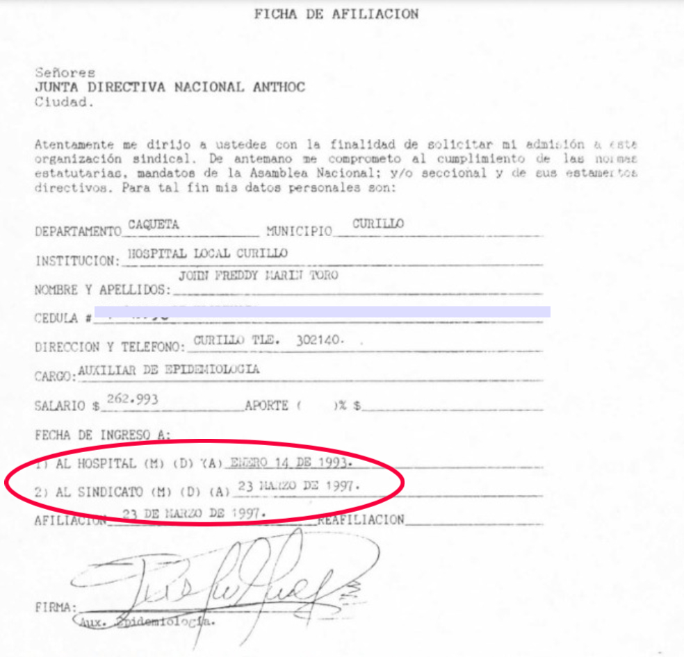 Acta de Jhon Freddy Marín Toro./ Archivo particular.