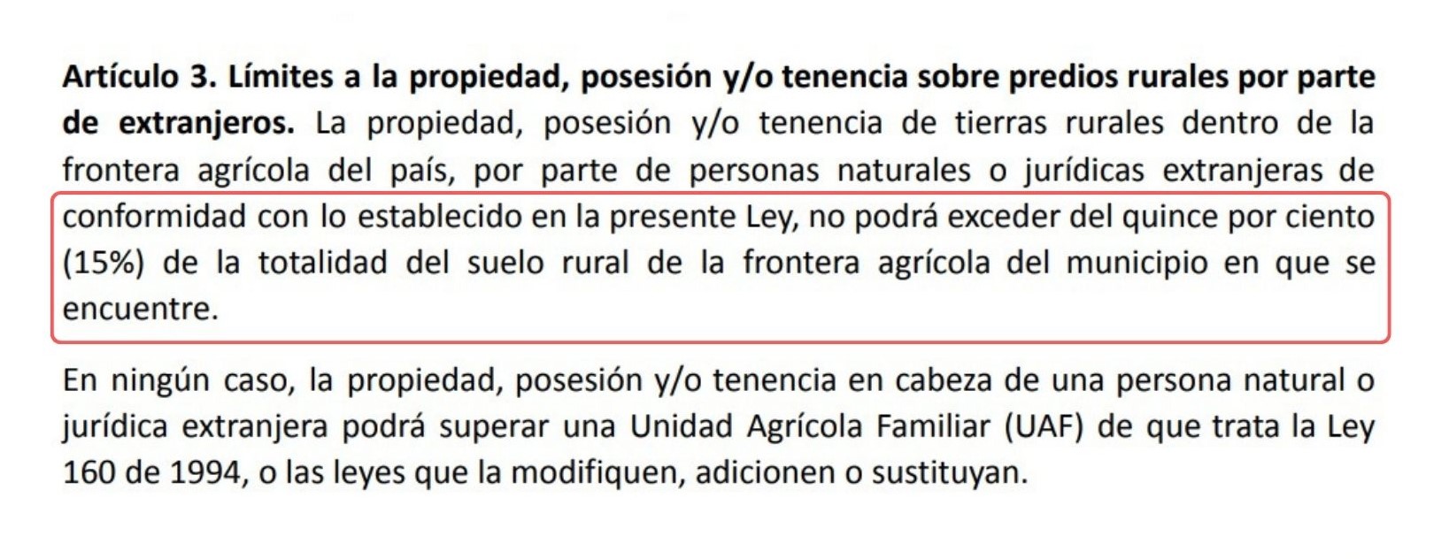El senador Wilson Arias del Pacto Histórico presentó un proyecto de ley para regular la tenencia de tierra colombiana de parte de extranjeros.