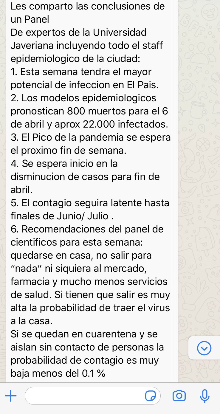 Para contrastar esta cadena de WhatsApp hicimos lo que manda el sentido común: llamar a la Universidad Javeriana. Arritoquieta Pimentel, asesora de comunicaciones de la universidad, respondió que ya el médico epidemiólogo Diego Rosselli, del Departamento de Epidemiología Clínica y Bioestadística de la Universidad Javeriana, lo había desmentido en Facebook.