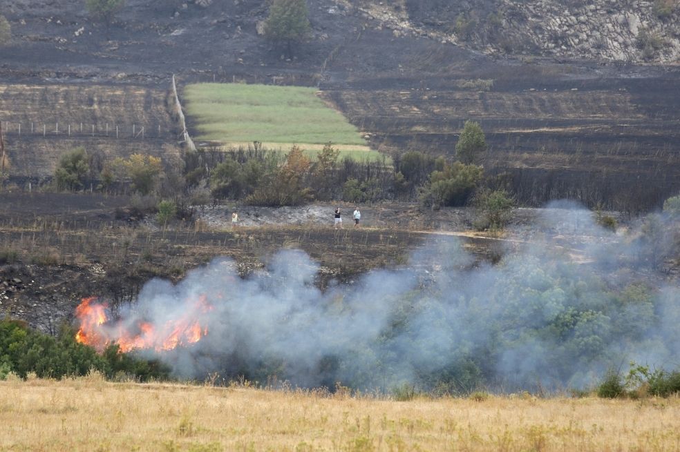 Residentes de la villa de Gjorme, en Albania, son desplazados por los incendios que surgieron tras la ola de calor en el país.
