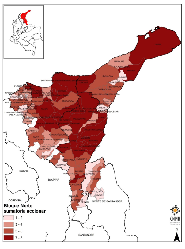 Mapa: Influencia del Bloque Norte en La Guajira, Magdalena, Atlántico, Cesar y algunos municipios de Norte de Santander