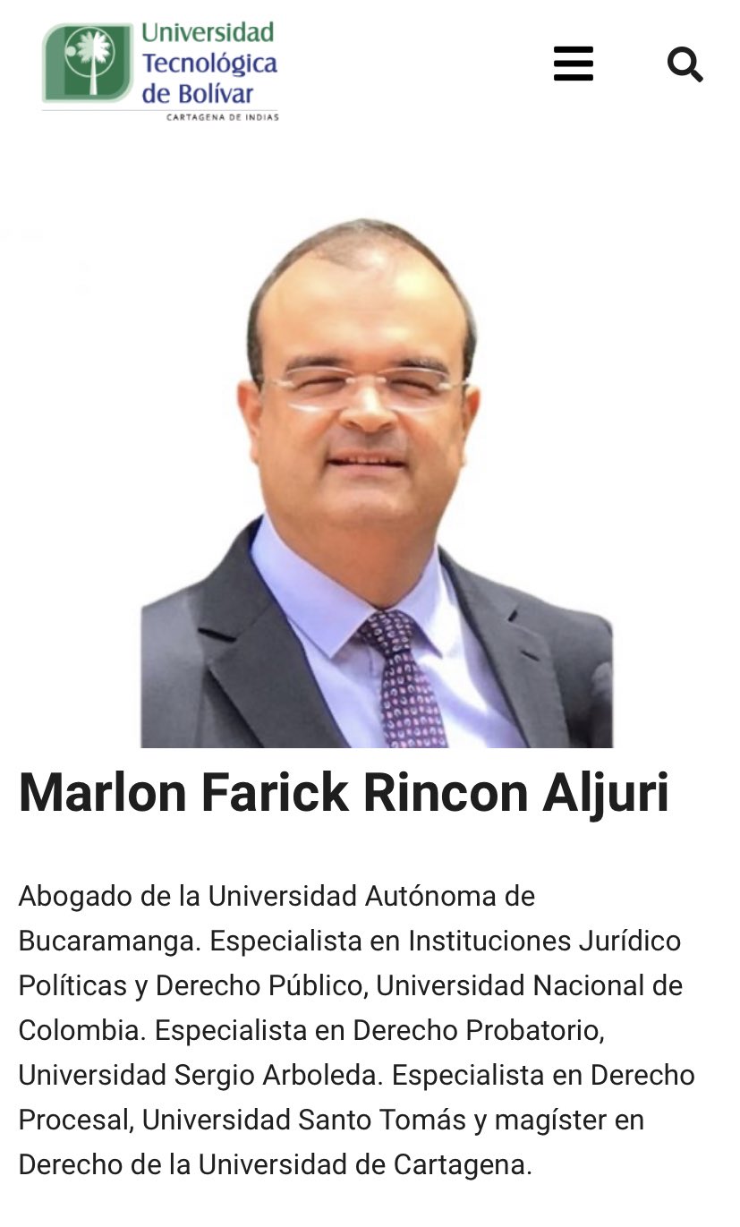 Este era el perfil que la UTB tenía en su página web sobre Marlon Rincón, entonces profesor y director del Consultorio Jurídico.