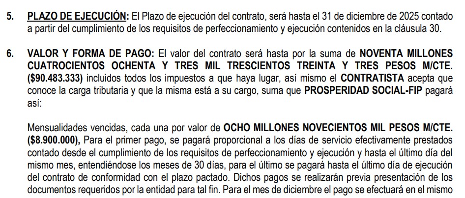 Detalle del contrato de Gareth Sella en Prosperidad Social