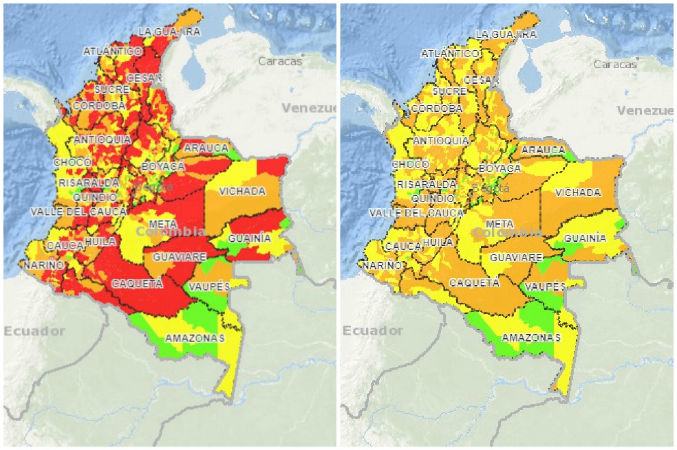 Izquierda: Municipios con afectación de Covid19. Derecha: Municipios en descenso de casos y muerte