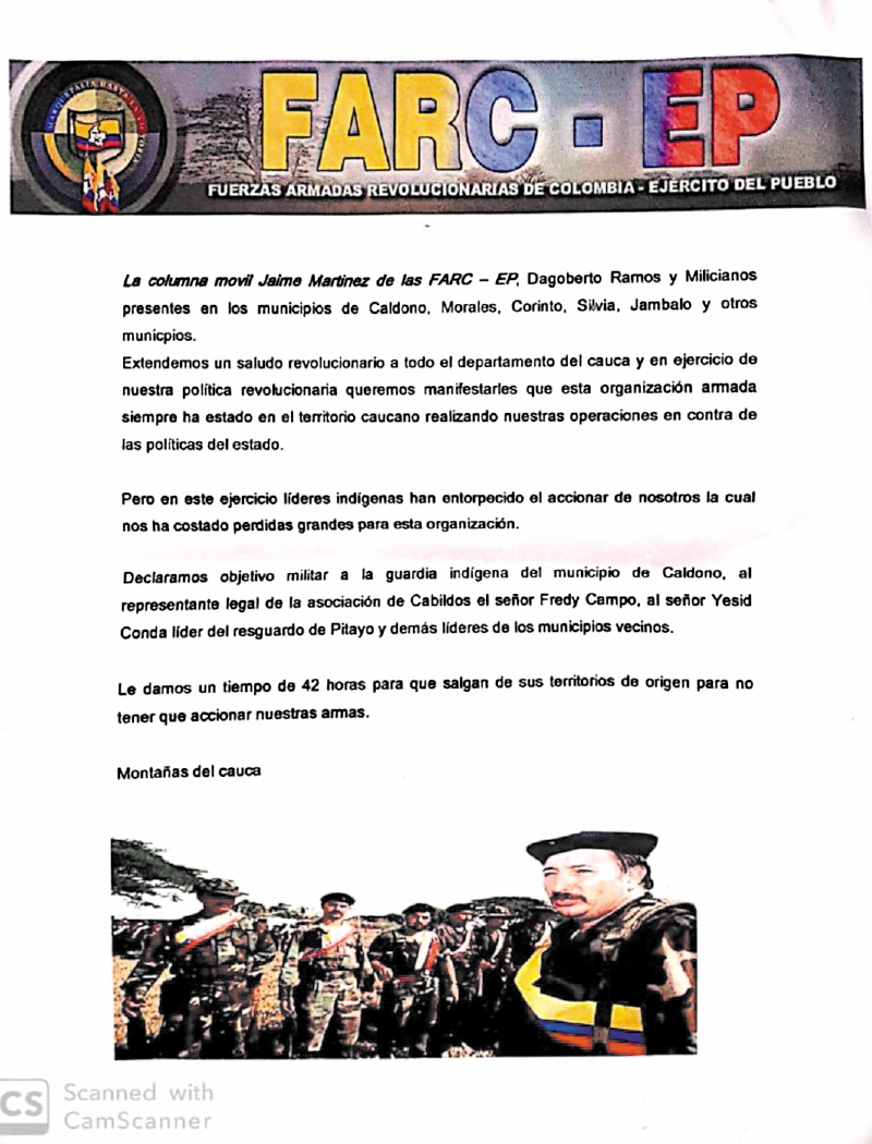 Panfleto con amenazas a jóvenes nasa. 