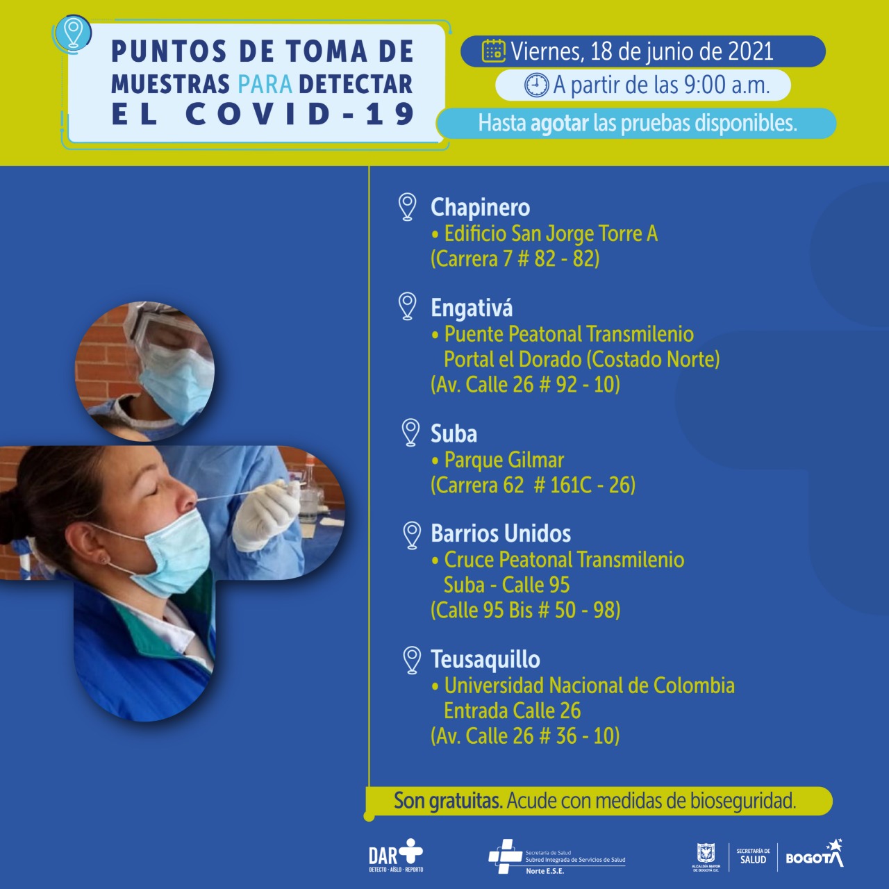 Pruebas COVID-19 en Bogotá: estos son los puntos para este viernes 18 de junio